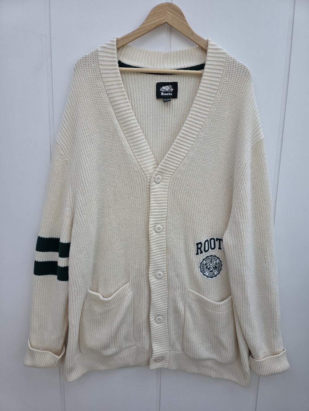 Roots Athletics Club Crest Varsity Knit Cardigan Sweater Cream XXL